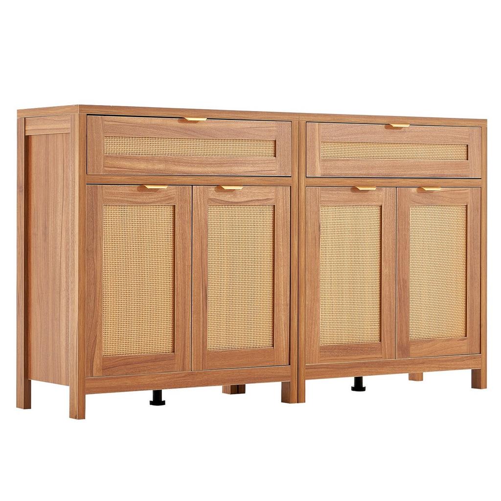 Rattan Cabinet with 4 Doors 2 Drawers Adjustable Shelves Set of 2 Natural