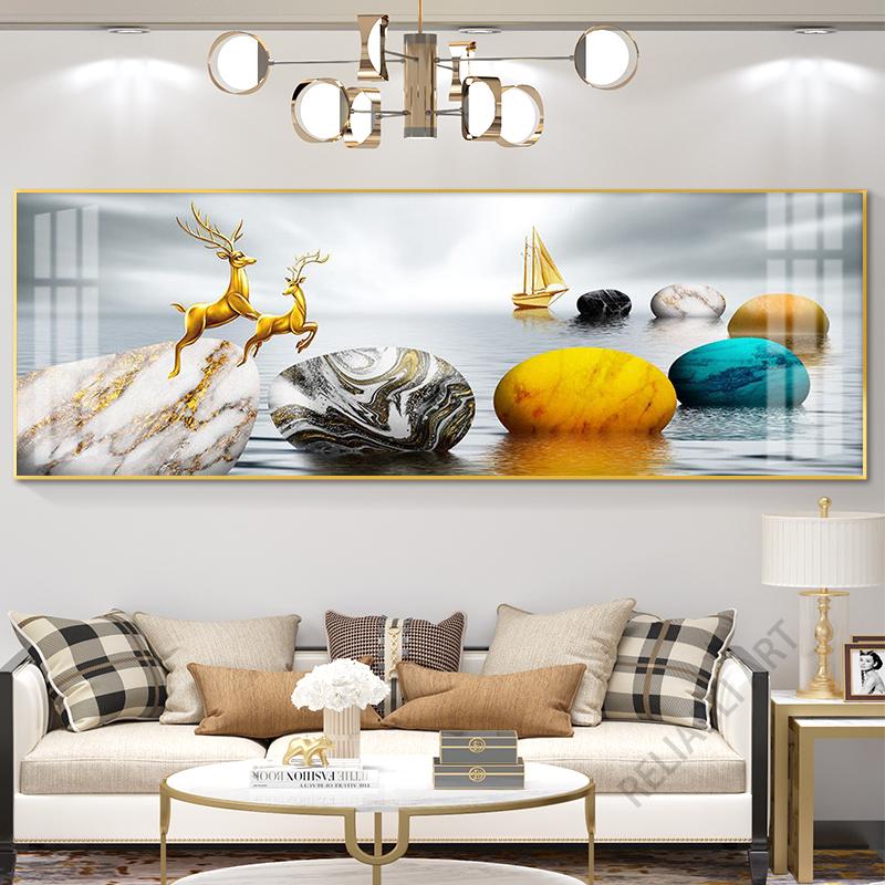 New Chinese Fengshui Golden Zen Stone Canvas Painting Wall Art Rich Tree Posters Gold Deer Prints for Living Room Home Decor