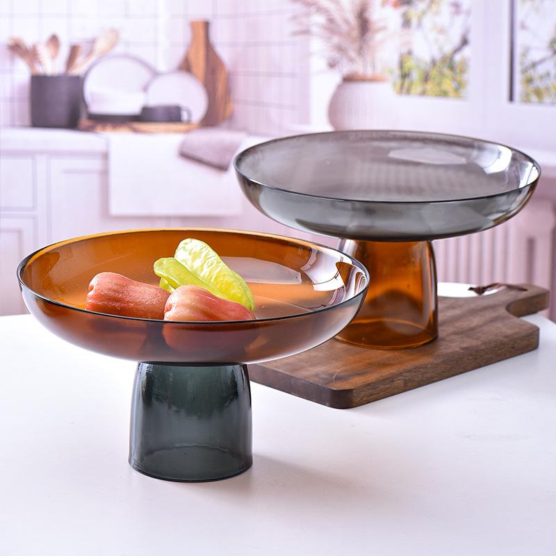 Современный поднос из цветного стекла в стиле колор-блокинг, поднос для фруктов, полосатый поднос для хранения на высоких ножках, стеклянная емкость, украшение для гостиной