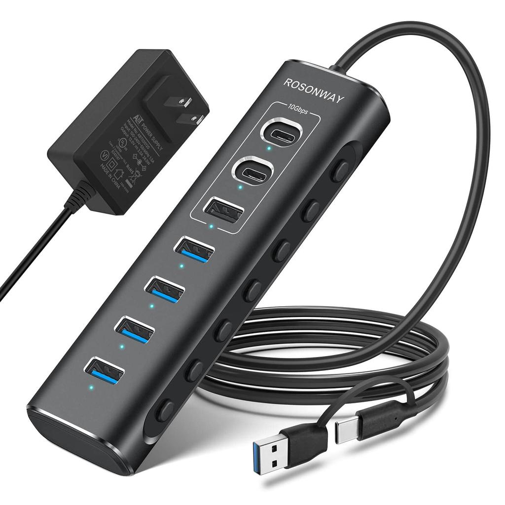 ROSONWAY USB Hub 10Gbps 7 Port USB C USB A USB 2 In 1 with Cable Aluminum USB HUB and 12V 2A Power Supply with Independent Switch 3.2x2 3.2x1 3.0x4