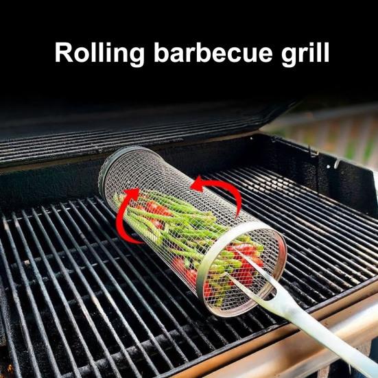 Yousheng Stainless Steel BBQ Grill Basket with Wooden Handle Rolling Cage for Even Cooking Vegetables Seafood Meat Camping Barbecue Tool