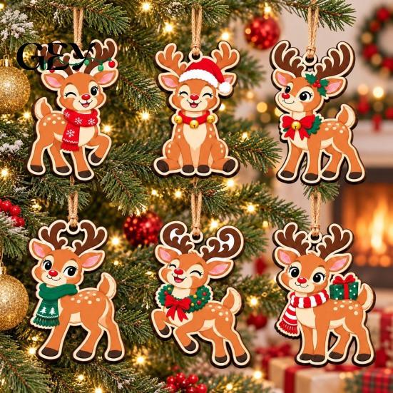 Indoor Christmas Decorations 6Pcs Wooden Reindeer Ornament, Cute Deer Hanging Decor Party Supplies with Jute String, Holiday Tree Pendant for