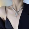 Fashion Bling Cross Pendant Necklaces Women Vintage Minimalist Pearl Necklace Clavicle Chain Punk Girl Luxury Clavicle Choker