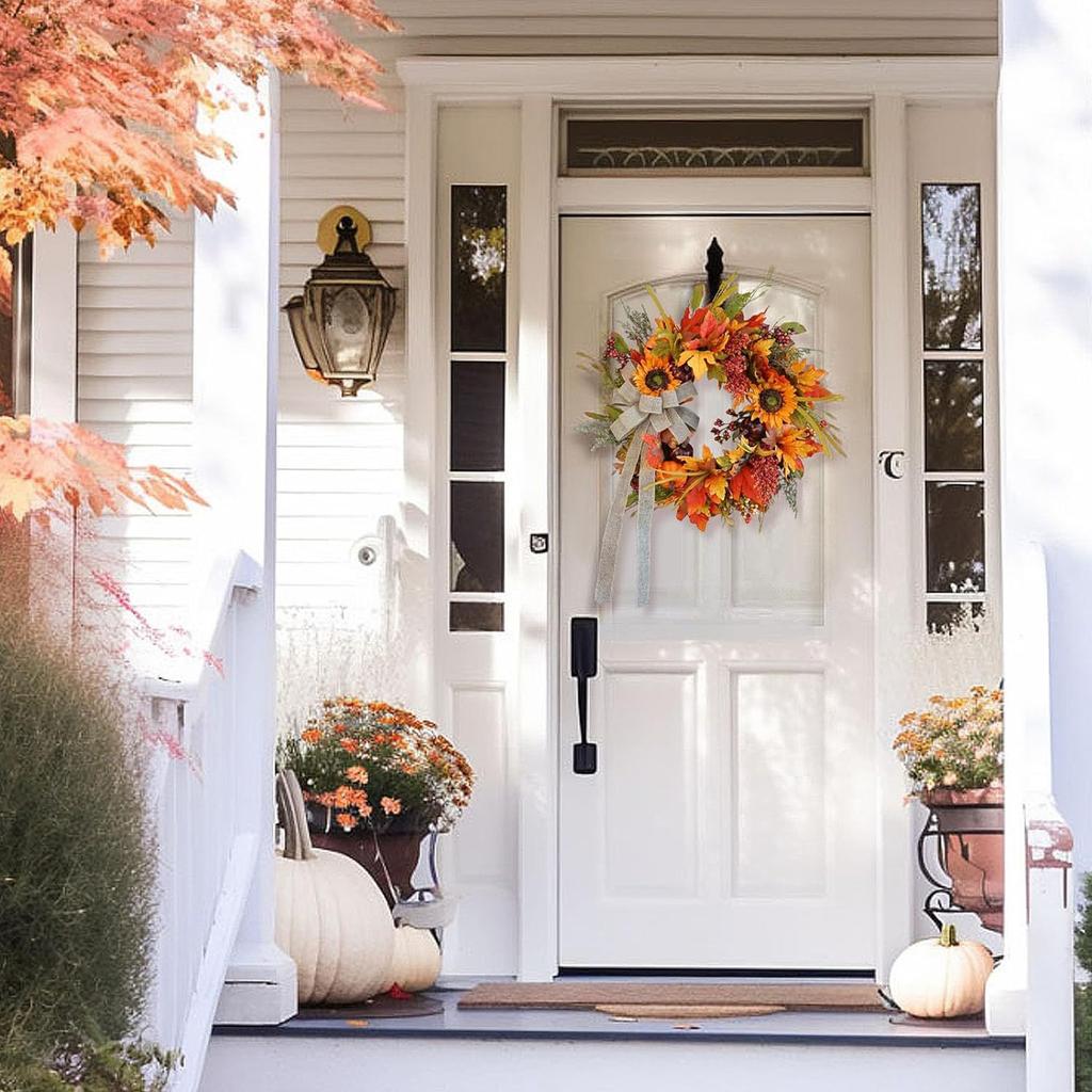  Sunflower Artificial Wreath With Bow For Fall Thanksgiving Door And Home Décor