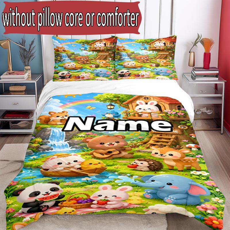 3pcs Duvet Cover Set (1*Duvet Cover + 2*Pillowcase, Without Core), Custom Name Masha and The Bear Pattern Bedding Set, Home Bedroom Decor Gift