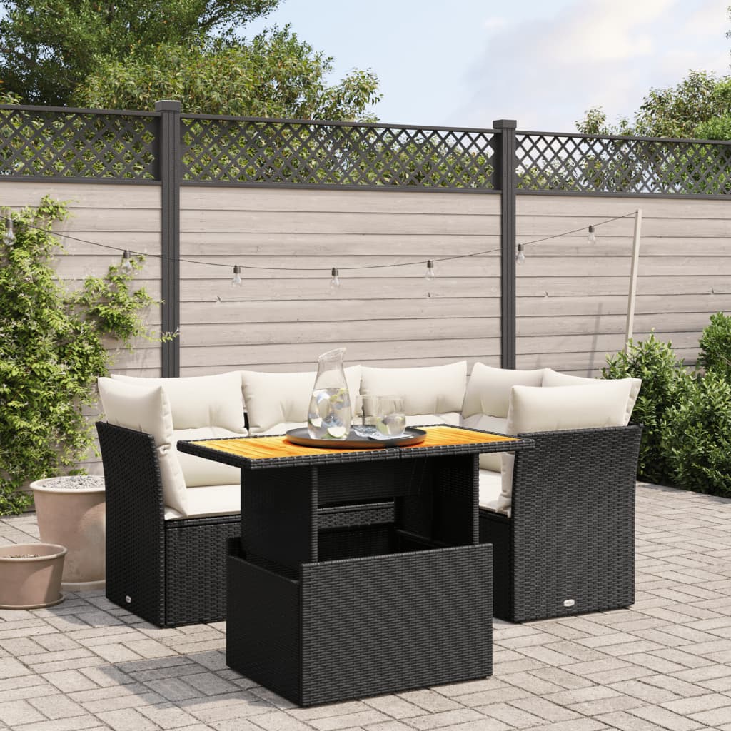 5 piece Garden Sofa Set with Cushions Black Poly Rattan