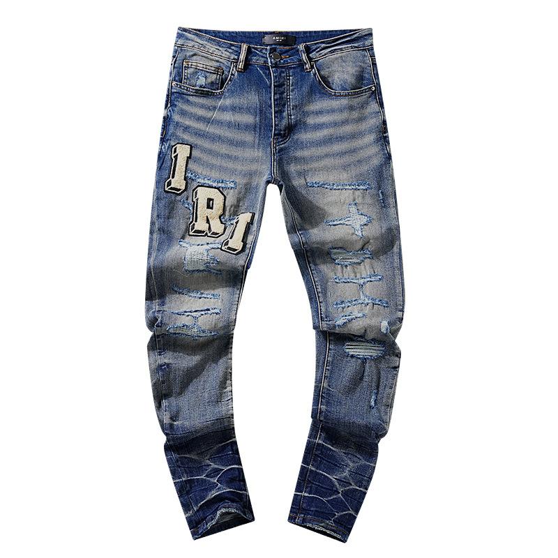 Fashion American High Street Hole & Patch Trendy Retro Straight Ami Denim Pants
