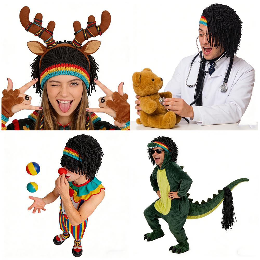Unisex Rasta Dreadlock Wig Knit Beanie Hat, Reggae Rainbow Stripe Crochet Hat, Funny Hip Hop Dreadlocks Wig Cap for Halloween Party Cosplay