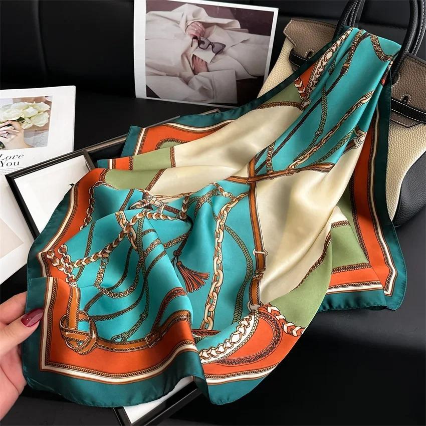 Imitation Silk Square Scarf Women Luxury Print Soft Satin Kerchief Hairband Neckerchief Foulard Bag Ribbon
