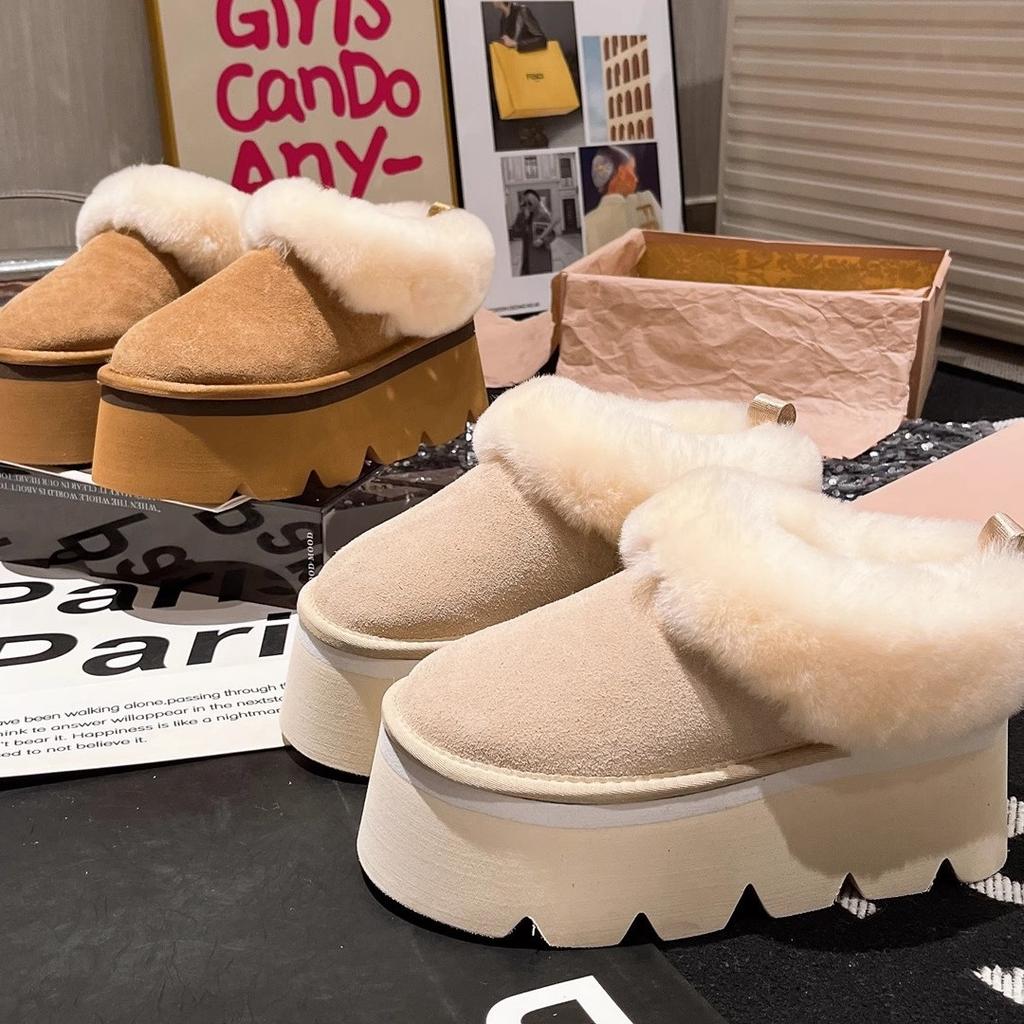 Кожаная шерстяная шерстяная обувь платформа маффин маленький человек 7 снежные хлопковые сапоги одна педаль полутапочки женская обувь прилив