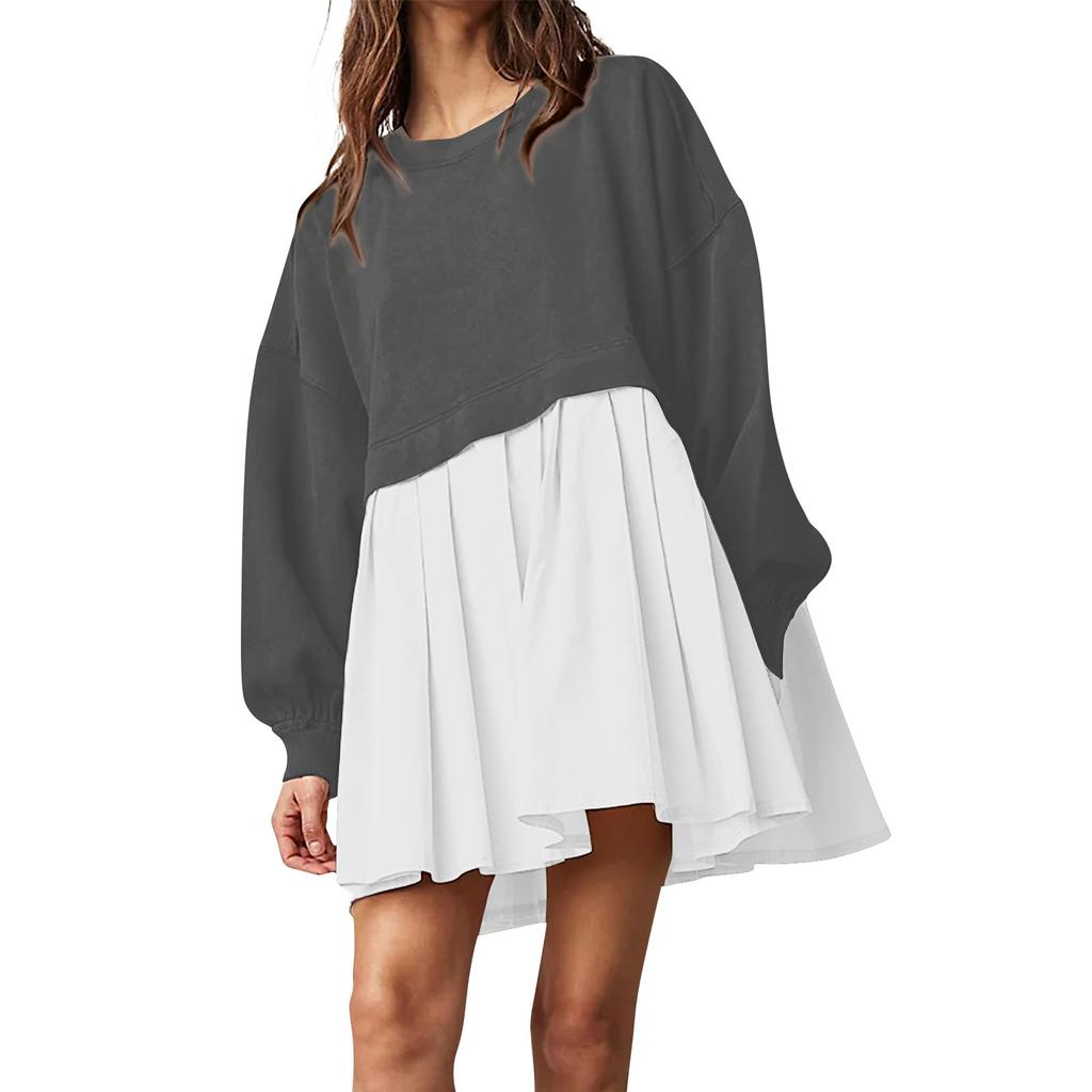 Женское платье-толстовка большого размера с длинным рукавом в стиле пэчворк, пуловер, топы, платье-толстовка