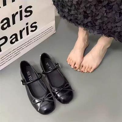 2025 лето новые французские туфли-лодочки с бантиком, женские однотонные на плоской подошве, с юбкой, с ремешком Мэри Джейн