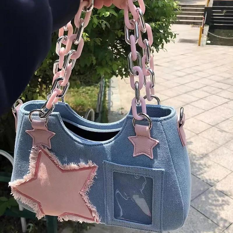Корейская мода, сумка через плечо, подмышки, Harajuku Star, джинсовая сумка, женская сумка на цепочке, кошельки на молнии, женские сумки 2023, роскошная квадратная сумка