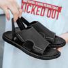 2024 Summer Men's Genuine Leather Black Sandals Non Slip and Wear Resistant Outdoor Beach Shoes Men's Dual Purpose Casual Shoes