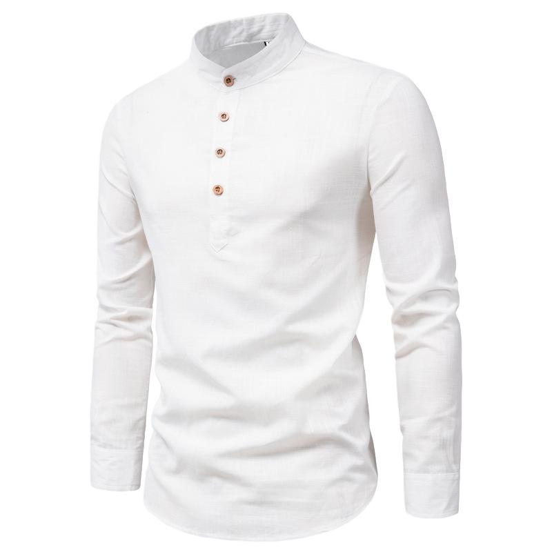 Весенне-осенняя мода Slim Fit Однотонная с длинным рукавом Мужская одежда Деловая Стойка воротник Хлопок Лен Универсальные Шикарные рубашки