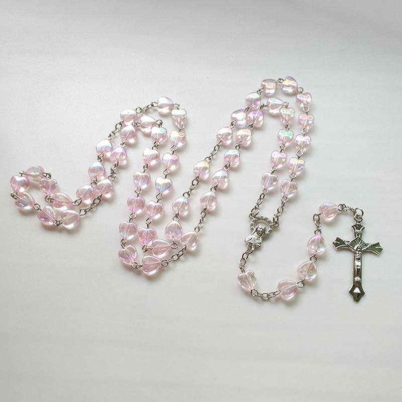 Розовое ожерелье с четками в форме сердца и любви, подвеска в виде креста Девы Марии Христа Иисуса для женщин и мужчин, католические украшения в подарок