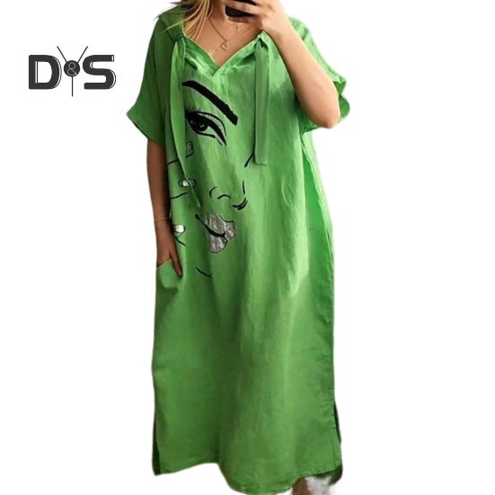 Женское платье с принтом лица, свободное платье с капюшоном и шнурком в богемном стиле с короткими рукавами, городской стиль, пуловер с разрезом по краю и боковым карманом, платье миди длиной до середины икры