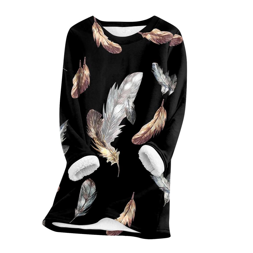 Женский топ с круглым вырезом и принтом из утолщенного плюша и кашемира, теплый длинный топ