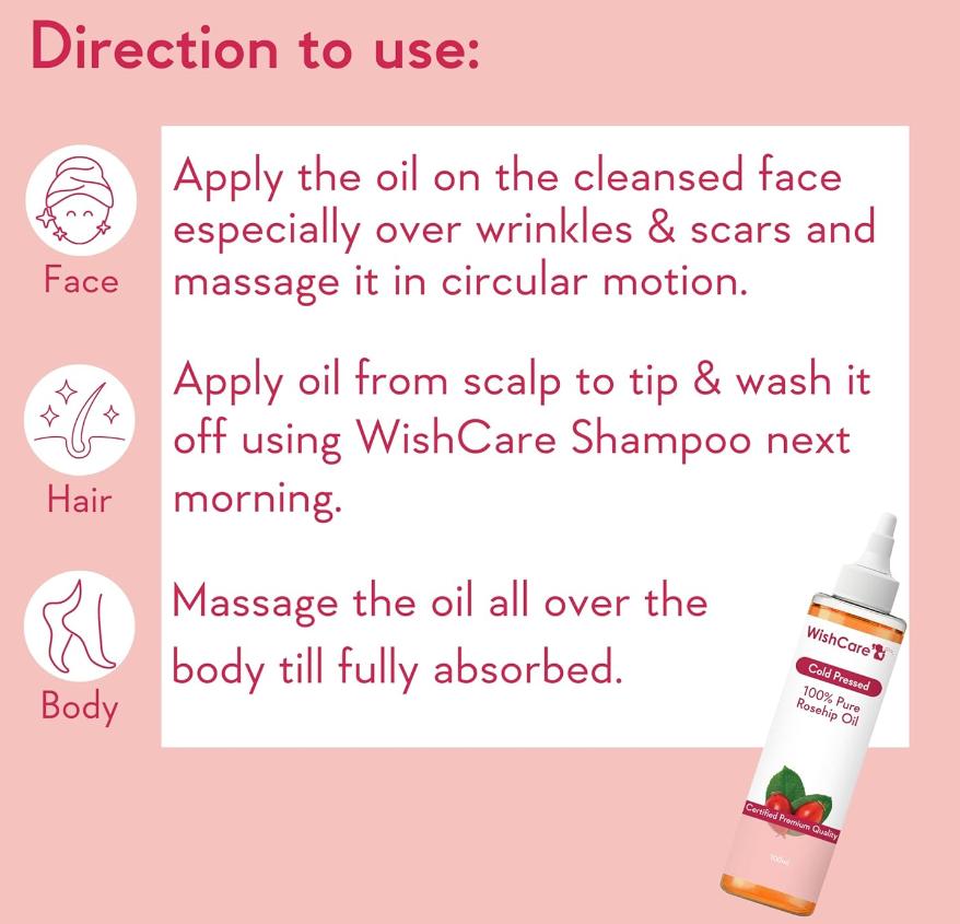 WishCare 100% чистое и натуральное масло семян шиповника премиум-класса — для лица, ногтей, волос и кожи — 100 мл
