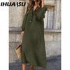 IHUASU Женская мода весна осень однотонный принт с длинным рукавом и высокой талией повседневные платья