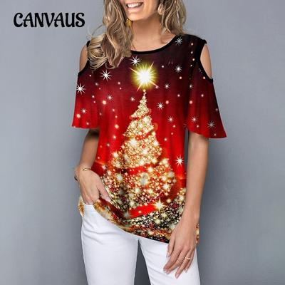 Летняя женская футболка с принтом «Рождественская елка» и круглым вырезом, свободная футболка с коротким рукавом