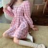 Japanese Autumn Women Mini Lolita Dress Square Collar With Lace Pink Plaid Black Beading Dress Flare Sleeve Cute Kawaii Feminine Dress