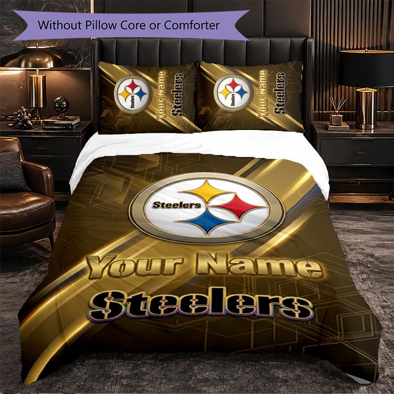 Pittsburgh Steelers Customized Name Text Bedding Set, 1 Duvet Cover & 2 Pillowcases Personalized Bedroom Gift