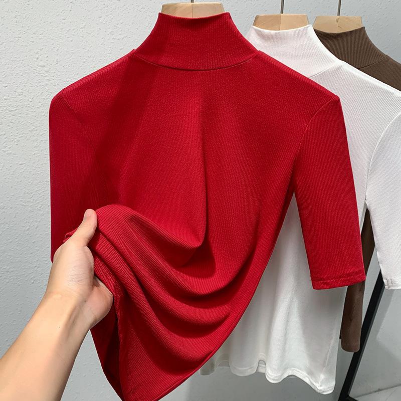 Базовая рубашка с высоким воротом для женщин, новая женская однотонная футболка со средними рукавами, облегающая эластичная рубашка