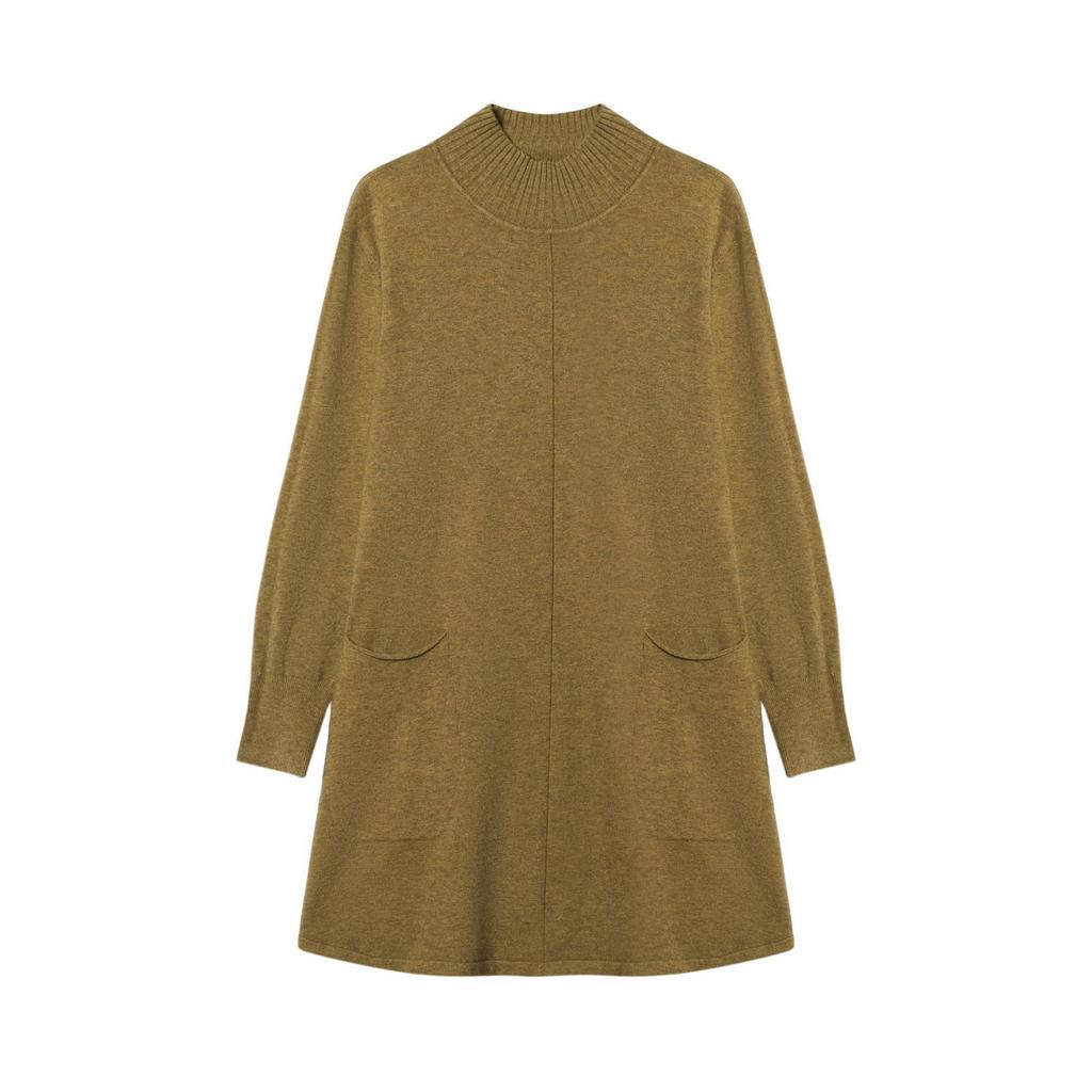 Свитер с полувысоким воротом большого размера, свободный и повседневный пуловер средней длины для женщин, однотонное вязаное платье А-силуэта