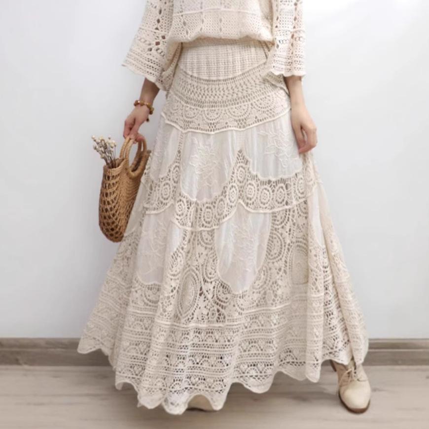 Dimanaf 2025 New Holiday Skirt Women Knitting Lace Long Solid Hollow Out Sexy Hollow Summer Style Basic Dress