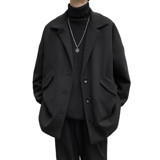 Мужское шерстяное пальто с лацканами, длинный рукав, однобортная ветровка, однотонное свободное пальто средней длины с карманами, официальная одежда