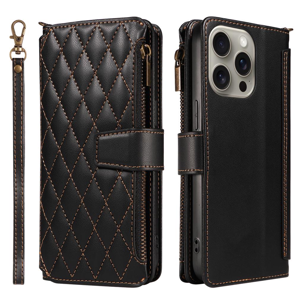 For iPhone 14 Pro Max Leather Case with Card Holder,RFID Blocking Wallet Phone Cover Rhombus Pattern