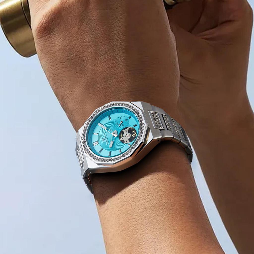 FORSINING Men's Automatic Mechanical Watch, Rhinestone Inlay Skeleton Dial, Octagonal Case Luminous Watches