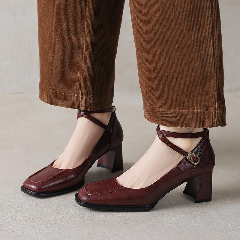 Мода 2025 Новые Весенние Туфли из Натуральной Кожи Повседневный Стиль Квадратный Носок Высокий Каблук Туфли-Лодочки Ремешок с Пряжкой Женская Обувь Модная Женская Обувь