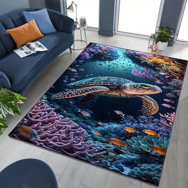 3D Shark Coral Reef Ocean Area Rug for Playroom Vivid Underwater Carpet Print Kids Friendly Soft Floor Mat