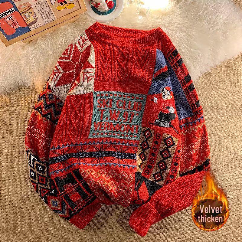 Men's Winter Retro Embroidered Bear Sweater: Loose, Warm, Plus Velvet Knitted Design for Couples