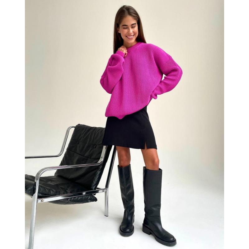 Осенне-зимний женский свитер, вязаный свитер с круглым вырезом, свободный однотонный свитер с длинными рукавами