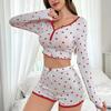 2025 Spring Summer Heart Print Pajamas Set for Women Homewear Long Sleeve Crop Tops and Shorts 2 Pieces Sexy Short Pijamas Sleepwear Loungewear