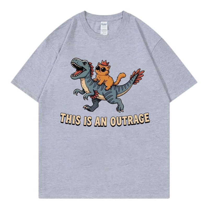 This Is An Outrage Funny Cat Riding Dinosaur Meme Tshirt Fashion Cartoon Short Sleeve Tshirts Unisex Unisex Casual Loose T Shirt