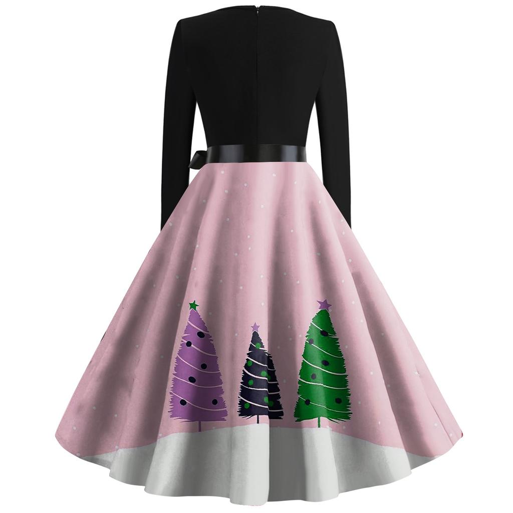 Женские рождественские повседневные модные винтажные платья с v-образным вырезом и длинными рукавами с принтом