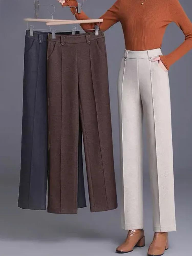 Зимние теплые шерстяные брюки с широкими штанинами, корейская мода, высокая талия, плотная шерстяная смесь, прямые брюки, повседневные классические однотонные брюки, новые