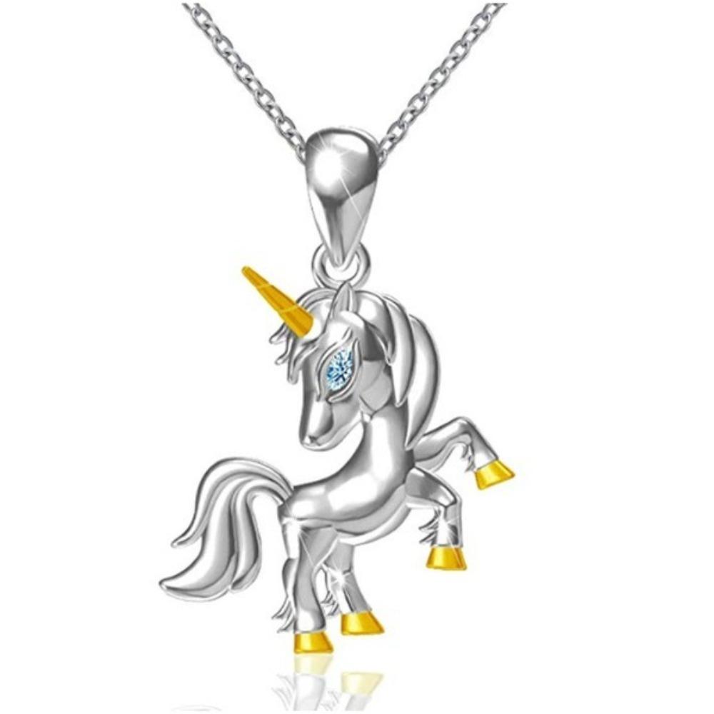 Fashion Two Tone Plated Unicorn Pendant Necklace with Heart and Rhinestones for Women