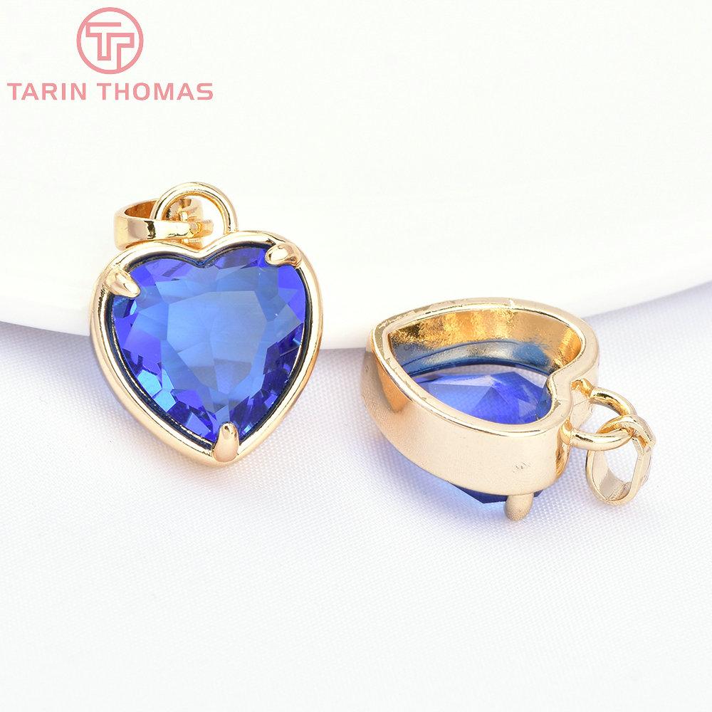 (7518) 6PCS 15x18MM 24K Gold Color Brass with Zircon Heart Charms Pendants High Quality DIY Jewelry Findings Accessories 1
