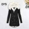 Women Winter Cotton Coat Plus Size Faux Fur Hood Fleece-lined Zip-up Press Button Closure Jacket Windproof Mid Length Slim Fit Outerwear