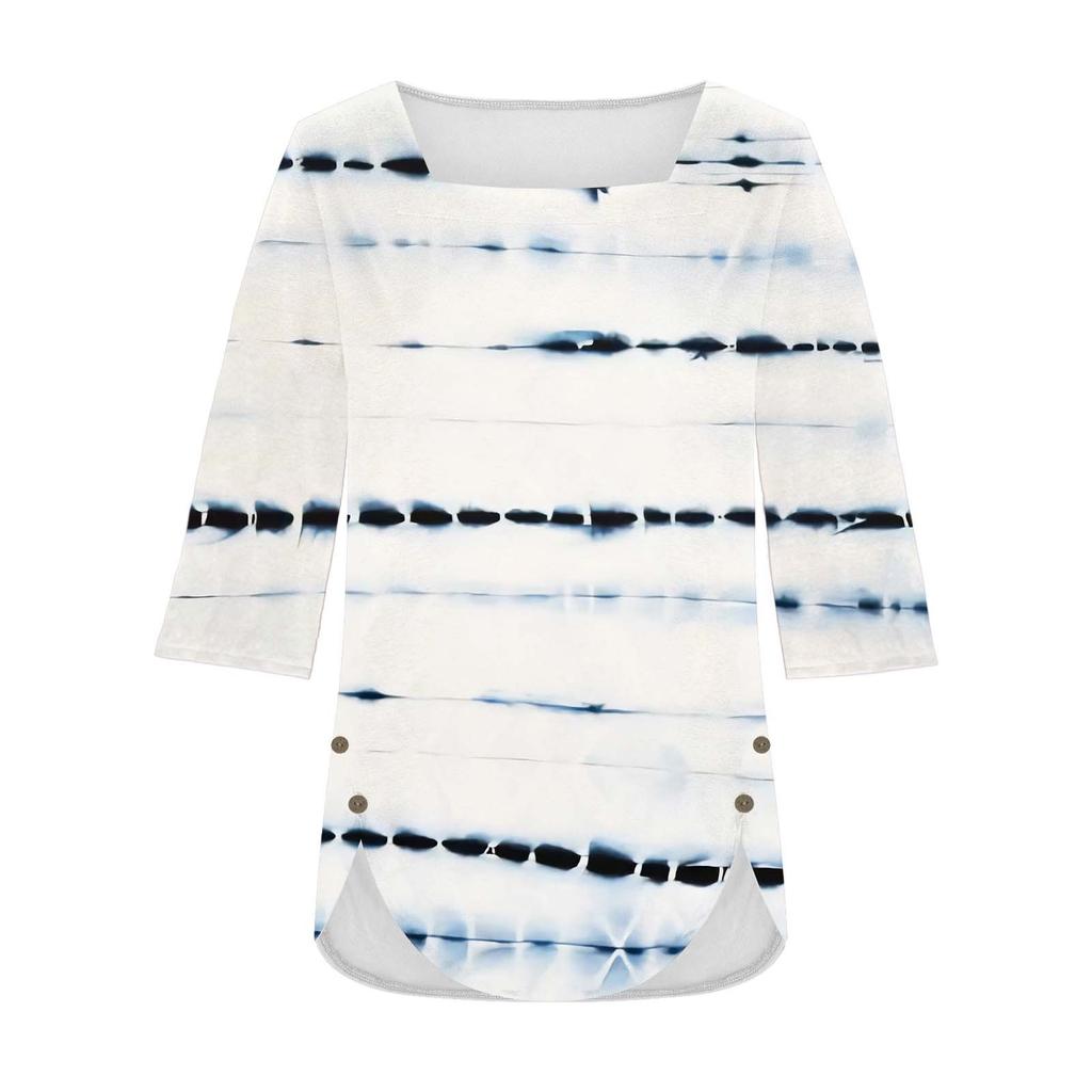 Женский топ, свободная повседневная футболка с квадратным вырезом и пуговицами, рукав три четверти, топ