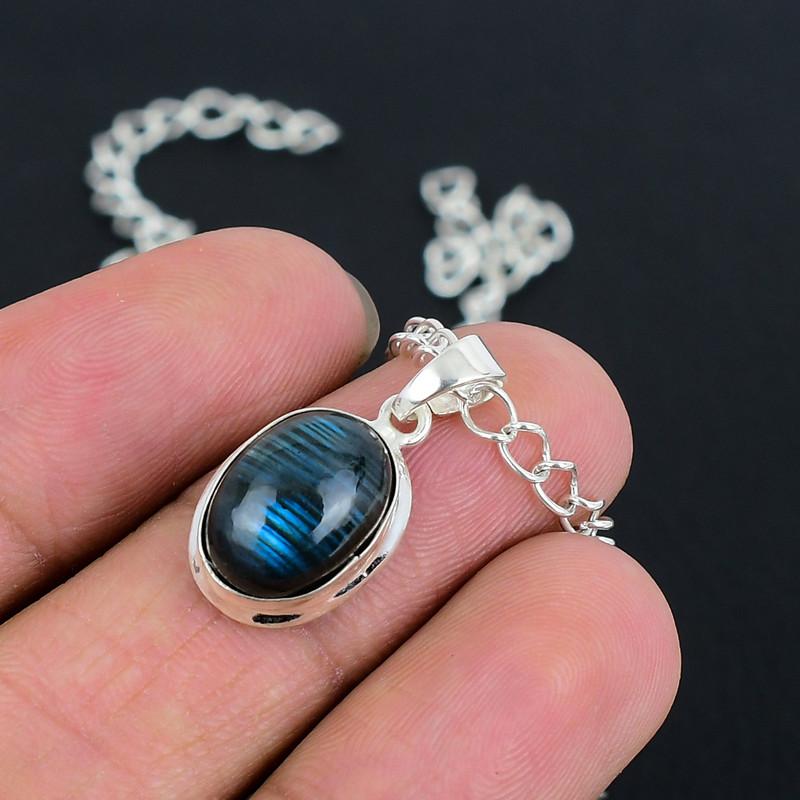 Natural Blue Labradorite Chain Pendant Hand Crafted Fine Polished 925 Sterling Silver Pendant with Morden Design Gift for Wedding Bridal