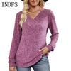 INDFS Женская мода Повседневный однотонный принт Весна Осень Длинные рукава V-образный вырез Пуловеры и длинные рукава