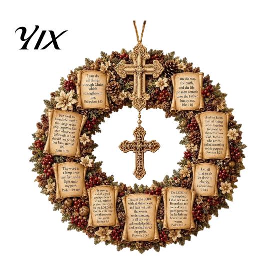 Christmas Cross Wreath Christian Bible Verse Wreath, Pine Cones Decor, Religious Pastoral Thanksgiving Gifts Scripture for Front Door Wall Decor