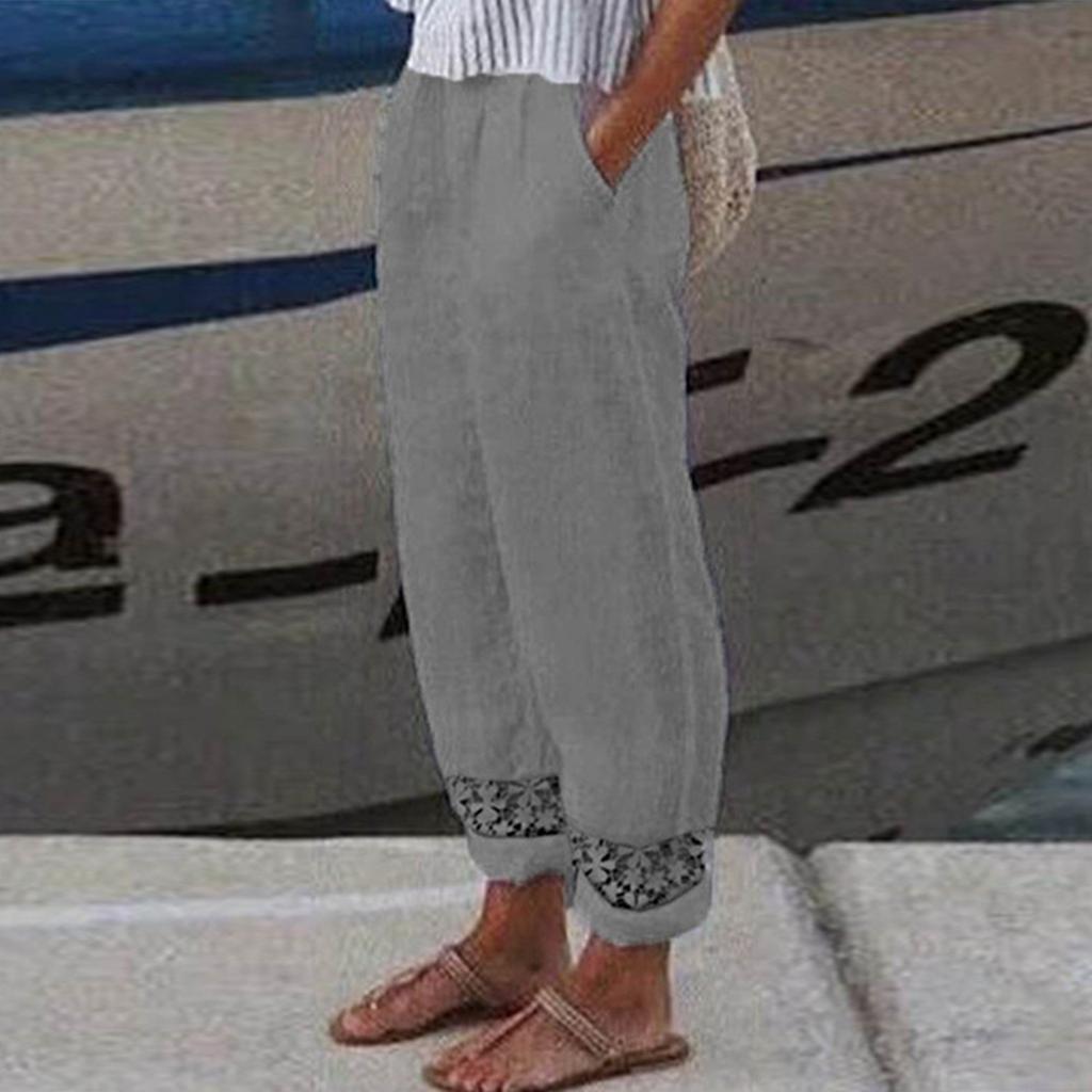 Женские повседневные однотонные кружевные девятиминутные брюки, свободные прямые брюки с эластичной резинкой на талии, удобные карманные девятиминутные брюки