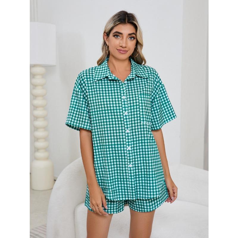 YYFS Женская мода повседневная летняя весенняя клетчатая рубашка с коротким рукавом и воротником-поло, брюки, костюмы